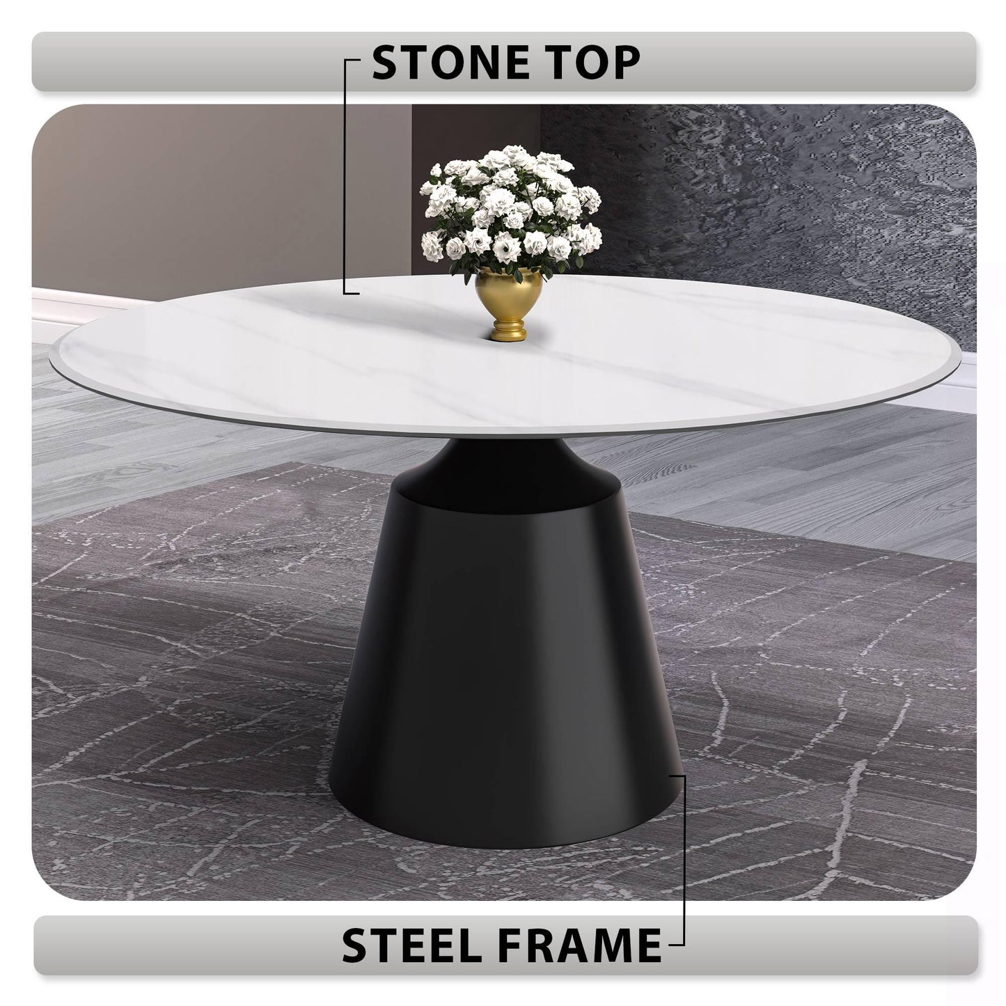 Prynn Modern Round Dining Table with a Sintered Stone/Glass Top in Stainless Steel - Elax Furniture