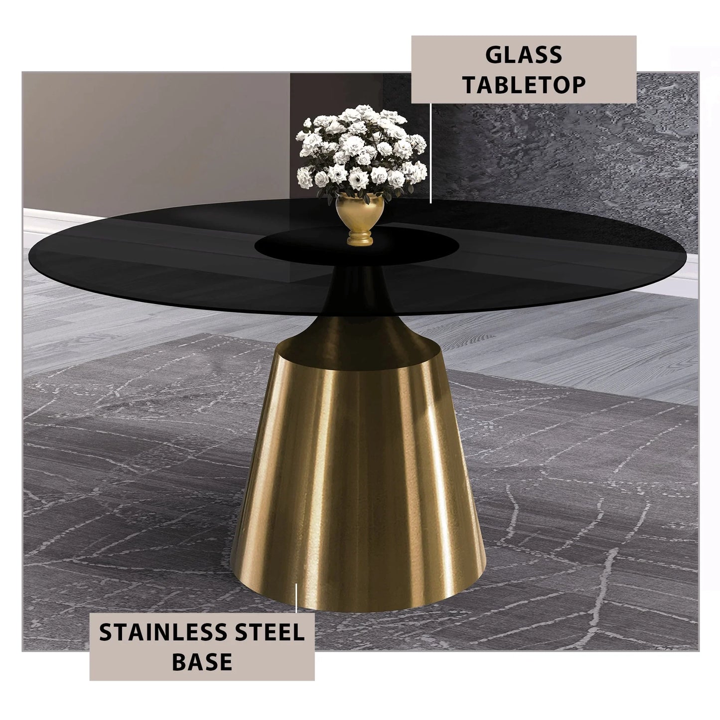 Prynn Modern Round Dining Table with a Sintered Stone/Glass Top in Stainless Steel - Elax Furniture