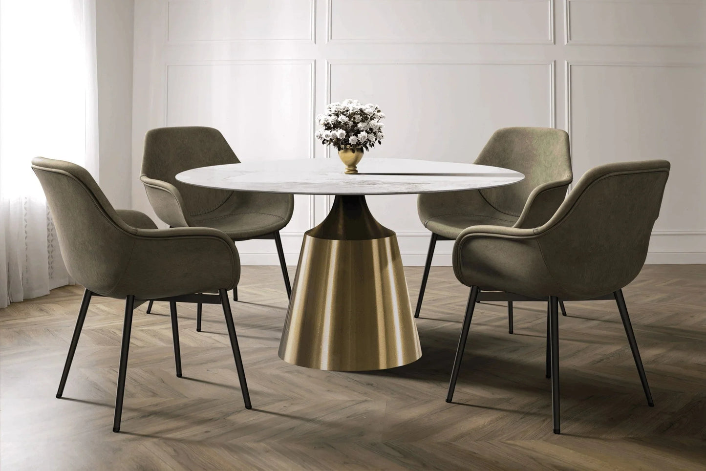 Prynn Modern Round Dining Table with a Sintered Stone/Glass Top in Stainless Steel - Elax Furniture