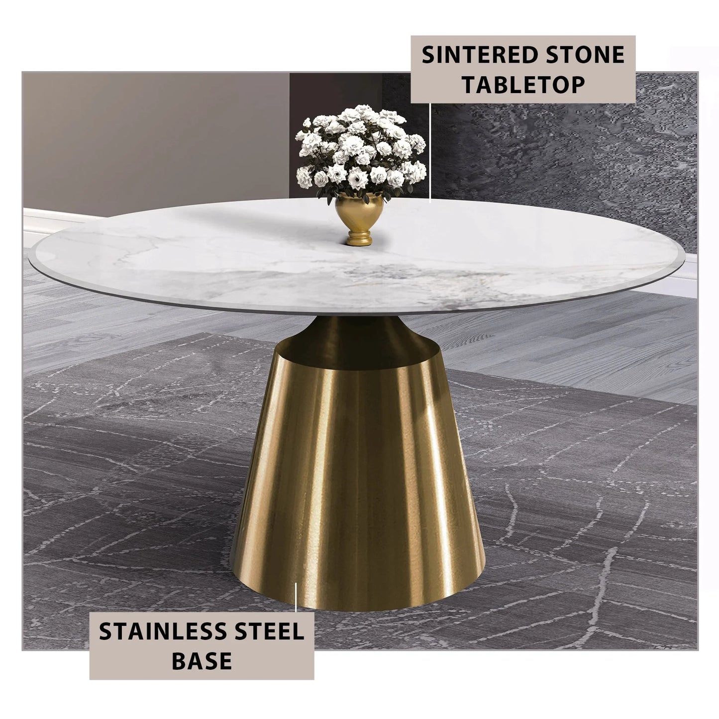 Prynn Modern Round Dining Table with a Sintered Stone/Glass Top in Stainless Steel - Elax Furniture
