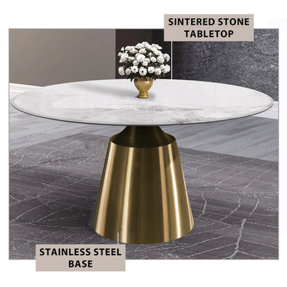 Prynn Modern Round Dining Table with a Sintered Stone/Glass Top in Stainless Steel - Elax Furniture