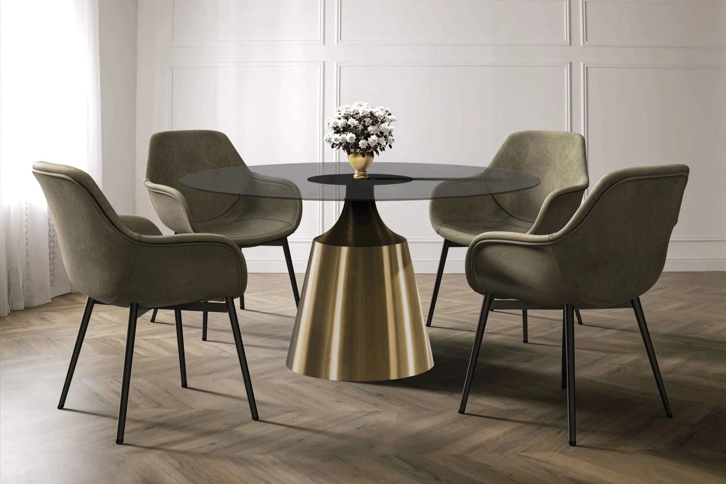 Prynn Modern Round Dining Table with a Sintered Stone/Glass Top in Stainless Steel - Elax Furniture