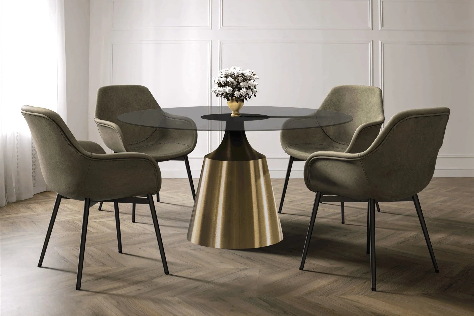 Prynn Modern Round Dining Table with a Sintered Stone/Glass Top in Stainless Steel - Elax Furniture