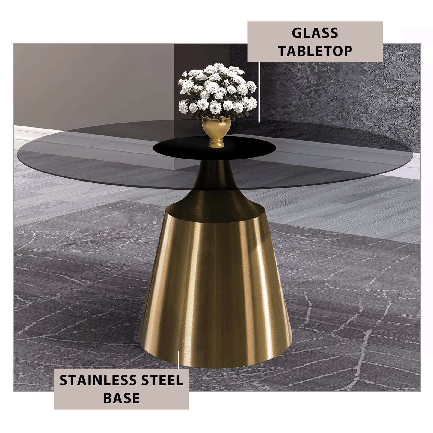 Prynn Modern Round Dining Table with a Sintered Stone/Glass Top in Stainless Steel - Elax Furniture