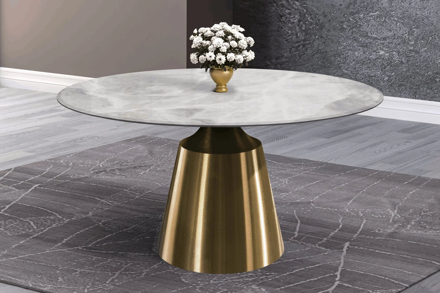 Prynn Modern Round Dining Table with a Sintered Stone/Glass Top in Stainless Steel - Elax Furniture