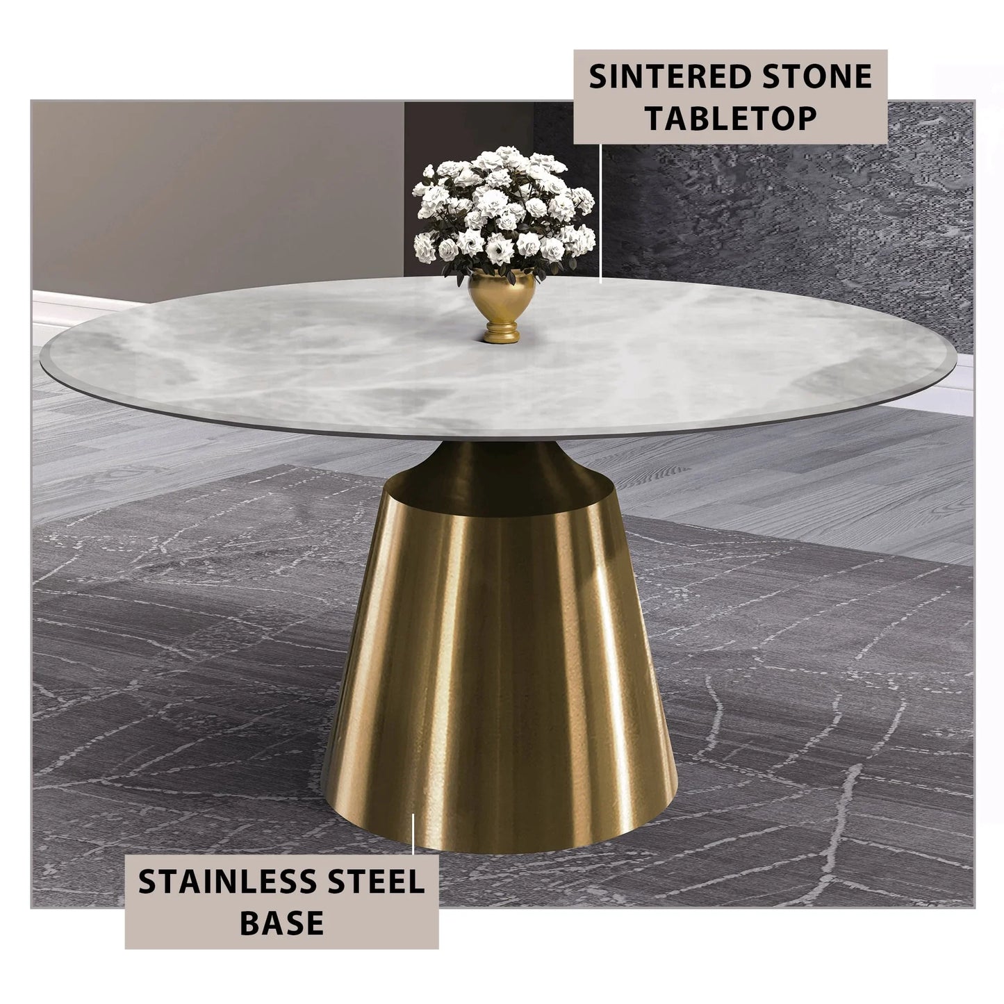 Prynn Modern Round Dining Table with a Sintered Stone/Glass Top in Stainless Steel - Elax Furniture