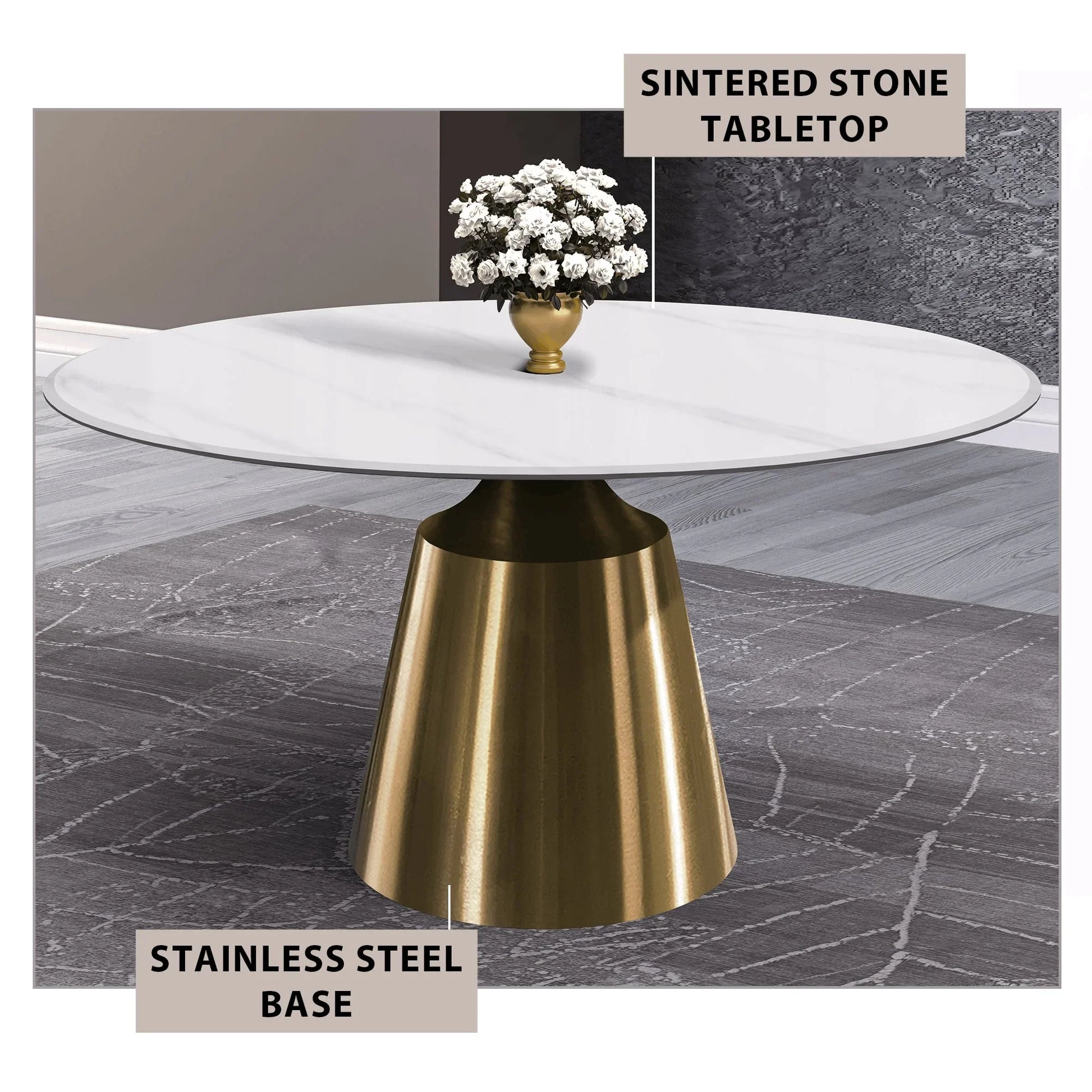 Prynn Modern Round Dining Table with a Sintered Stone/Glass Top in Stainless Steel - Elax Furniture