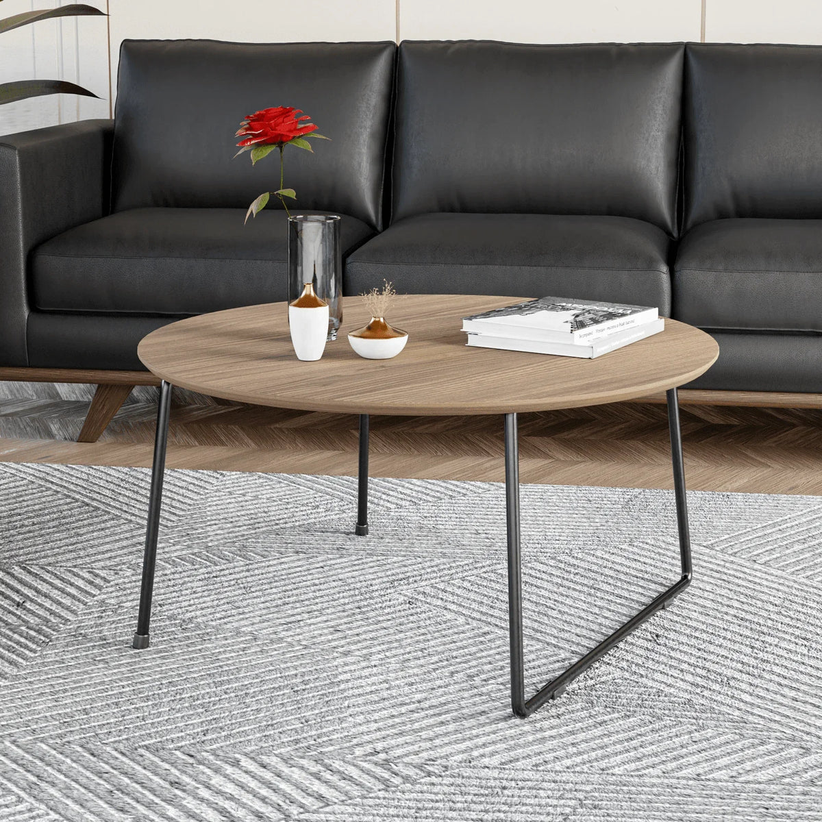 Pemborke Round Coffee Table with Oak Wood Tabletop in Iron - Elax Furniture