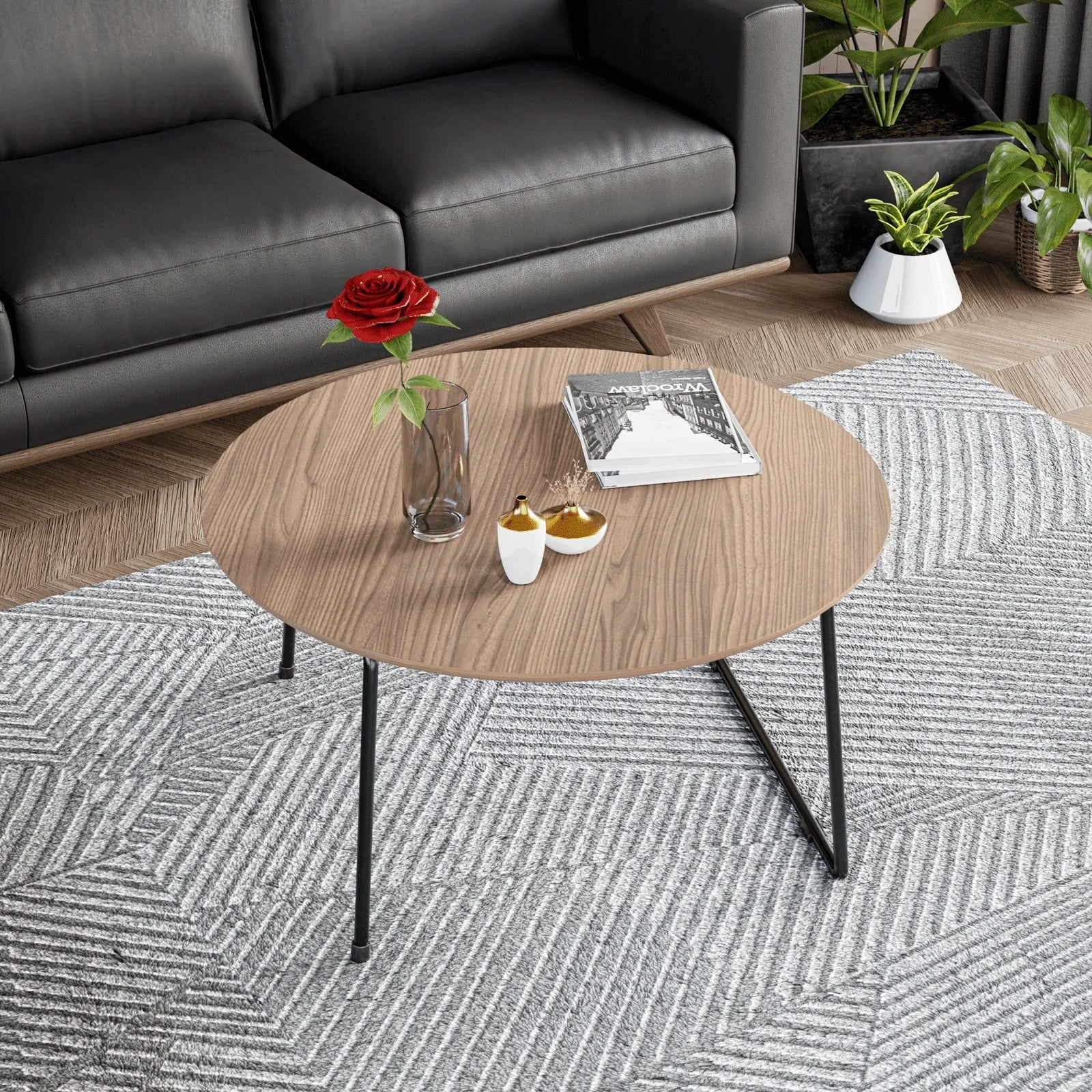 Pemborke Round Coffee Table with Oak Wood Tabletop in Iron - Elax Furniture