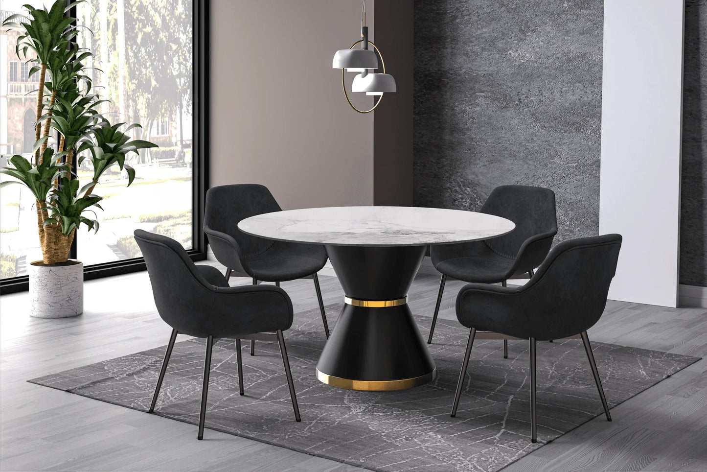 Modern Round Dining Table with a Glass/Stone Tabletop in Stainless Steel Seats 6-10 Qorvus Collection - Elax Furniture