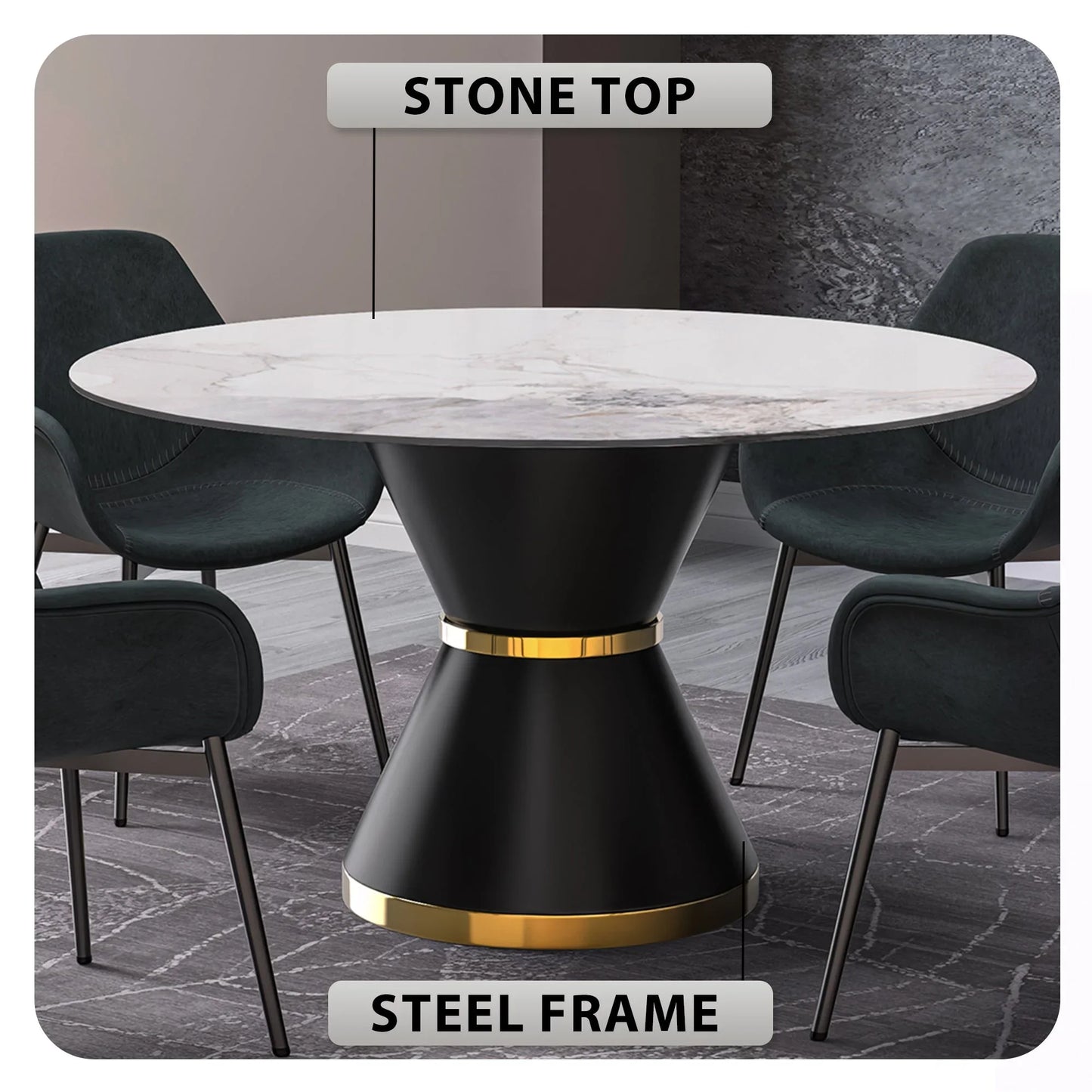 Modern Round Dining Table with a Glass/Stone Tabletop in Stainless Steel Seats 6-10 Qorvus Collection - Elax Furniture