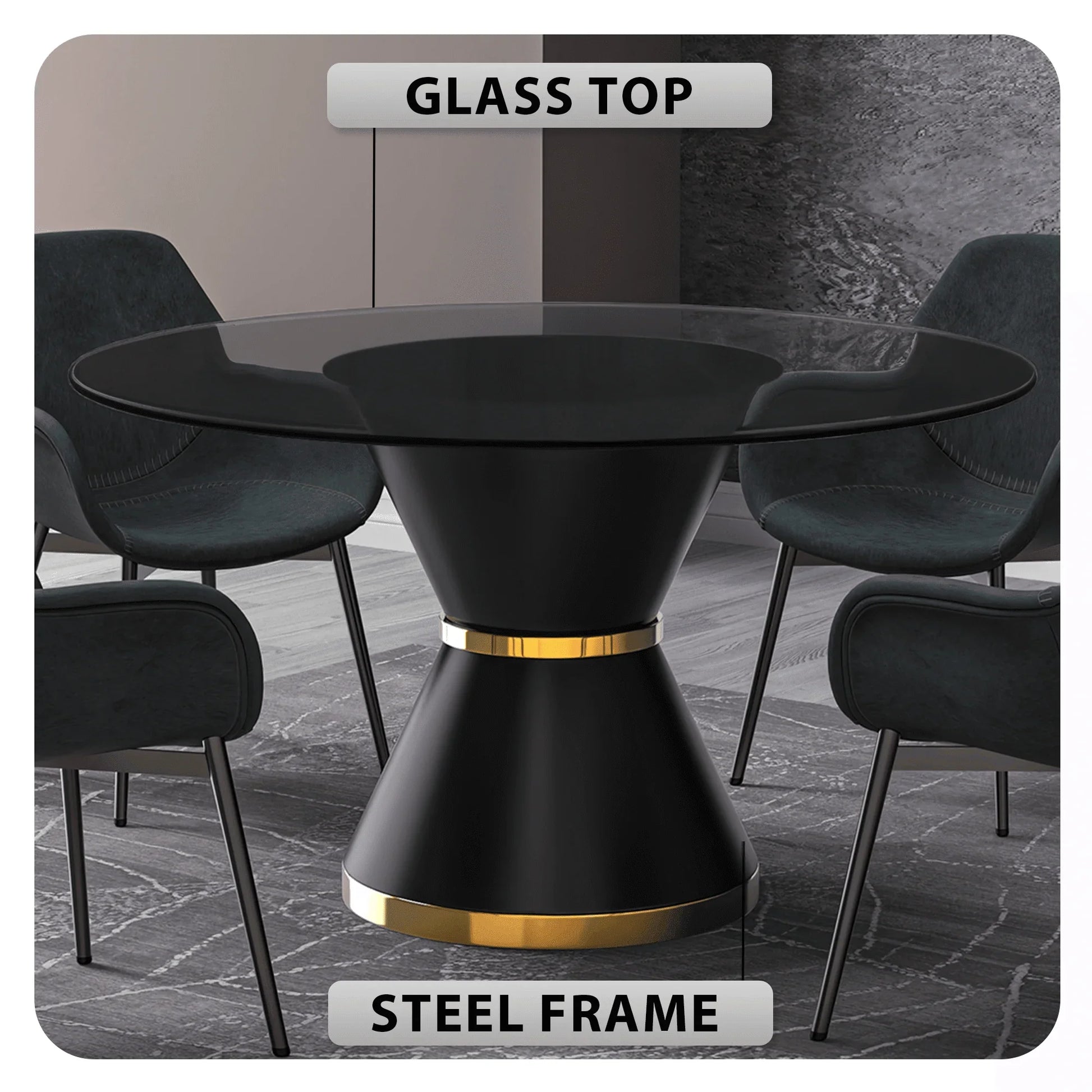 Modern Round Dining Table with a Glass/Stone Tabletop in Stainless Steel Seats 6-10 Qorvus Collection - Elax Furniture
