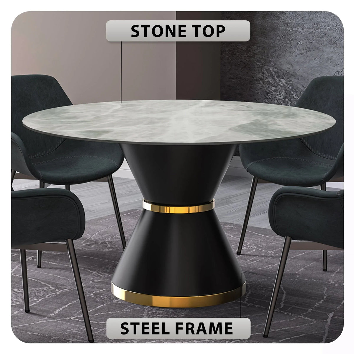 Modern Round Dining Table with a Glass/Stone Tabletop in Stainless Steel Seats 6-10 Qorvus Collection - Elax Furniture