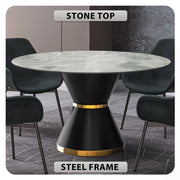Modern Round Dining Table with a Glass/Stone Tabletop in Stainless Steel Seats 6-10 Qorvus Collection - Elax Furniture