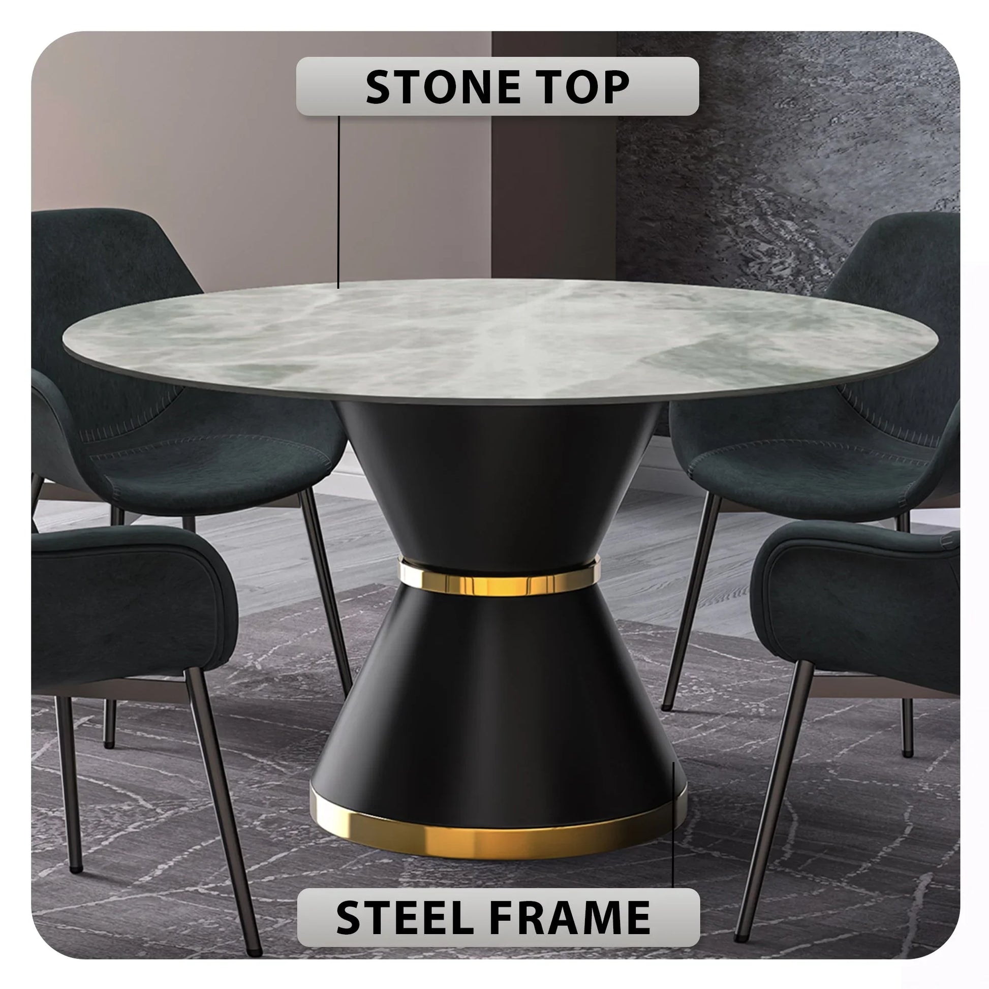 Modern Round Dining Table with a Glass/Stone Tabletop in Stainless Steel Seats 6-10 Qorvus Collection - Elax Furniture