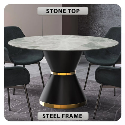 Modern Round Dining Table with a Glass/Stone Tabletop in Stainless Steel Seats 6-10 Qorvus Collection - Elax Furniture