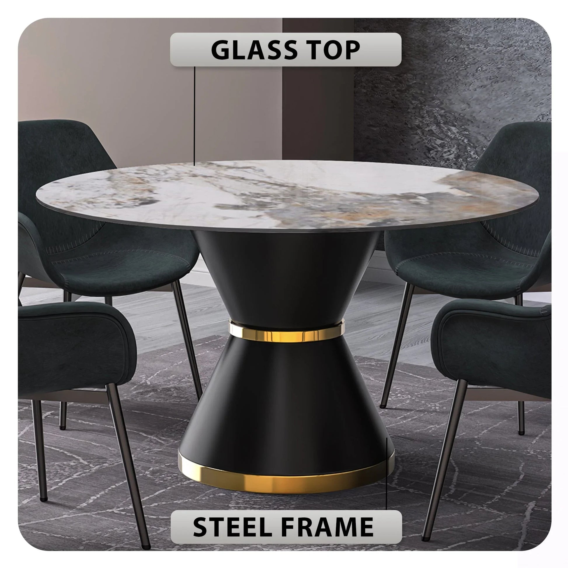 Modern Round Dining Table with a Glass/Stone Tabletop in Stainless Steel Seats 6-10 Qorvus Collection - Elax Furniture