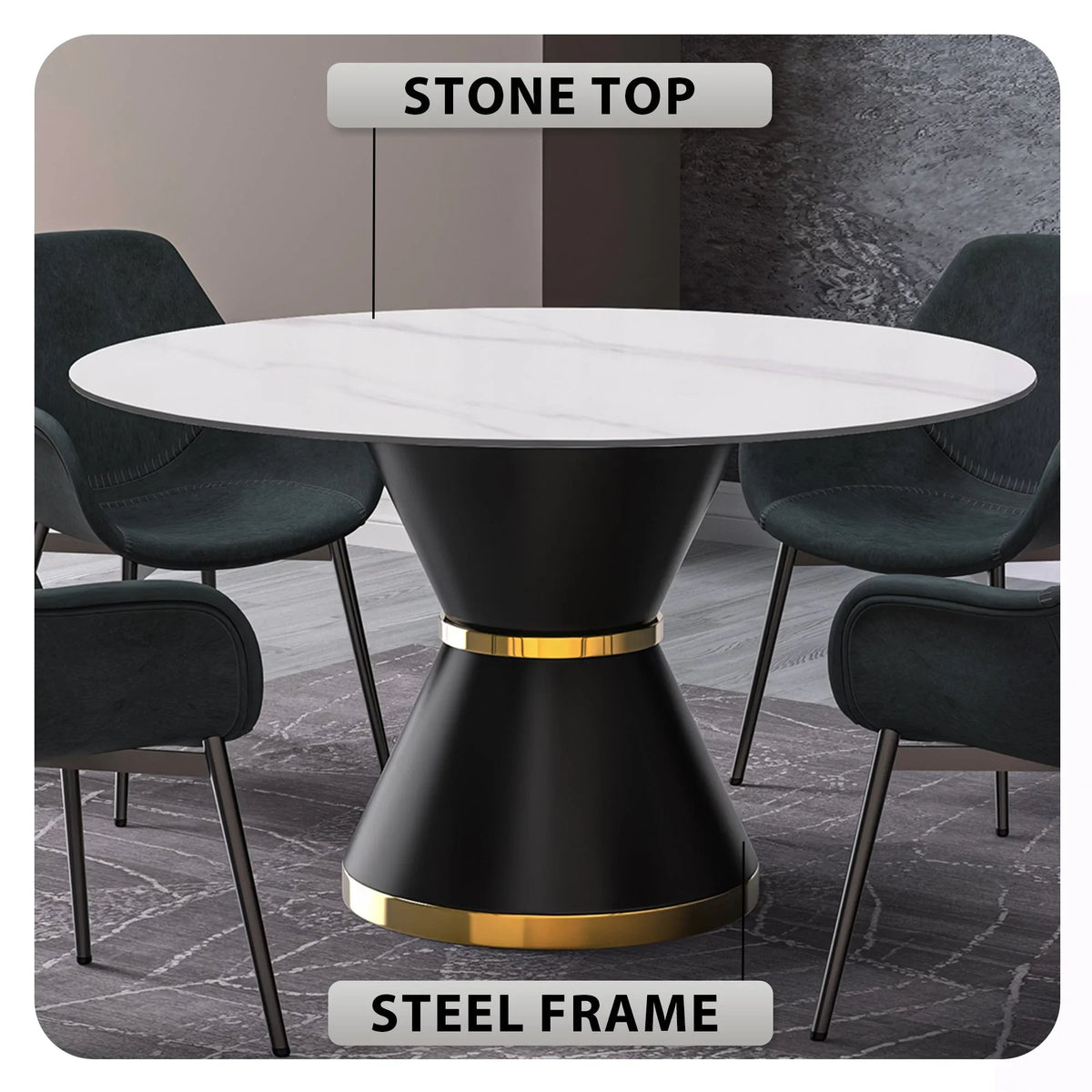 Modern Round Dining Table with a Glass/Stone Tabletop in Stainless Steel Seats 6-10 Qorvus Collection - Elax Furniture