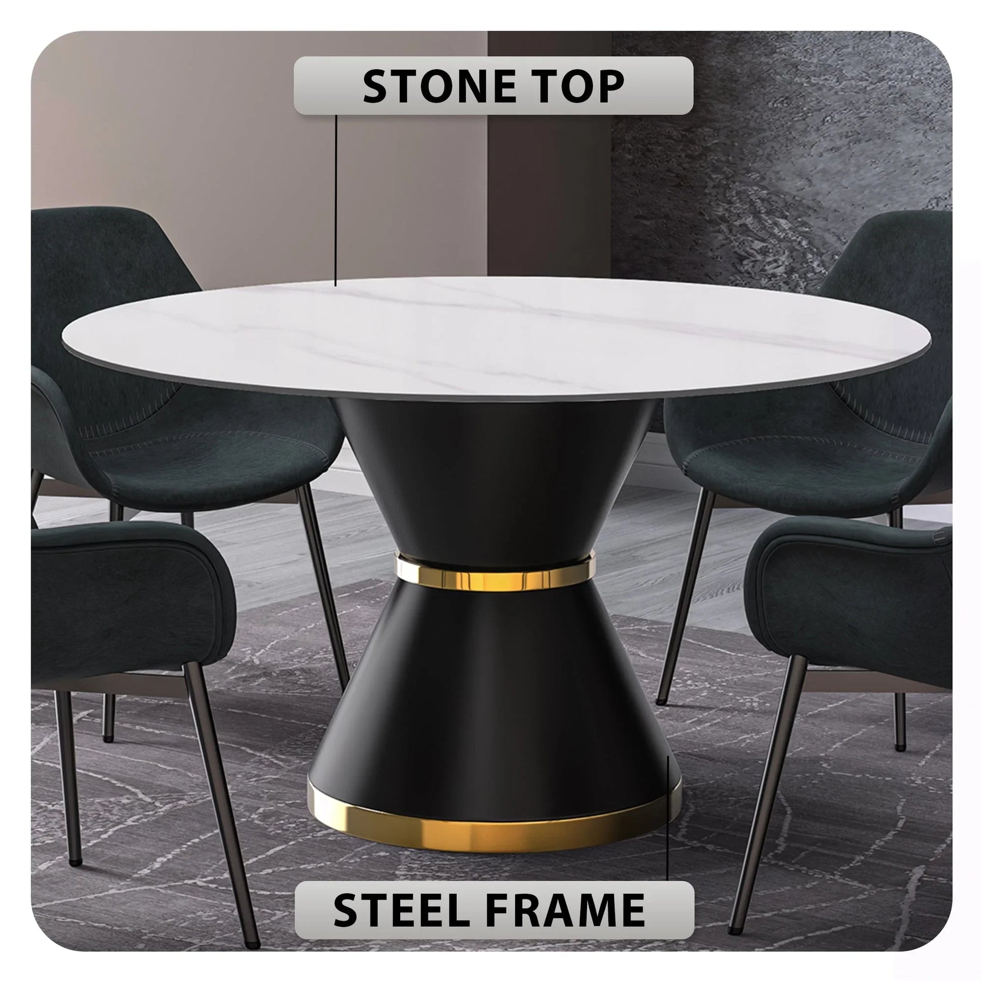 Modern Round Dining Table with a Glass/Stone Tabletop in Stainless Steel Seats 6-10 Qorvus Collection - Elax Furniture
