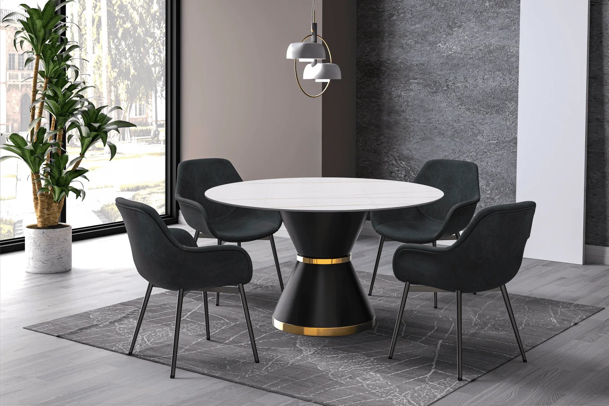 Modern Round Dining Table with a Glass/Stone Tabletop in Stainless Steel Seats 6-10 Qorvus Collection - Elax Furniture