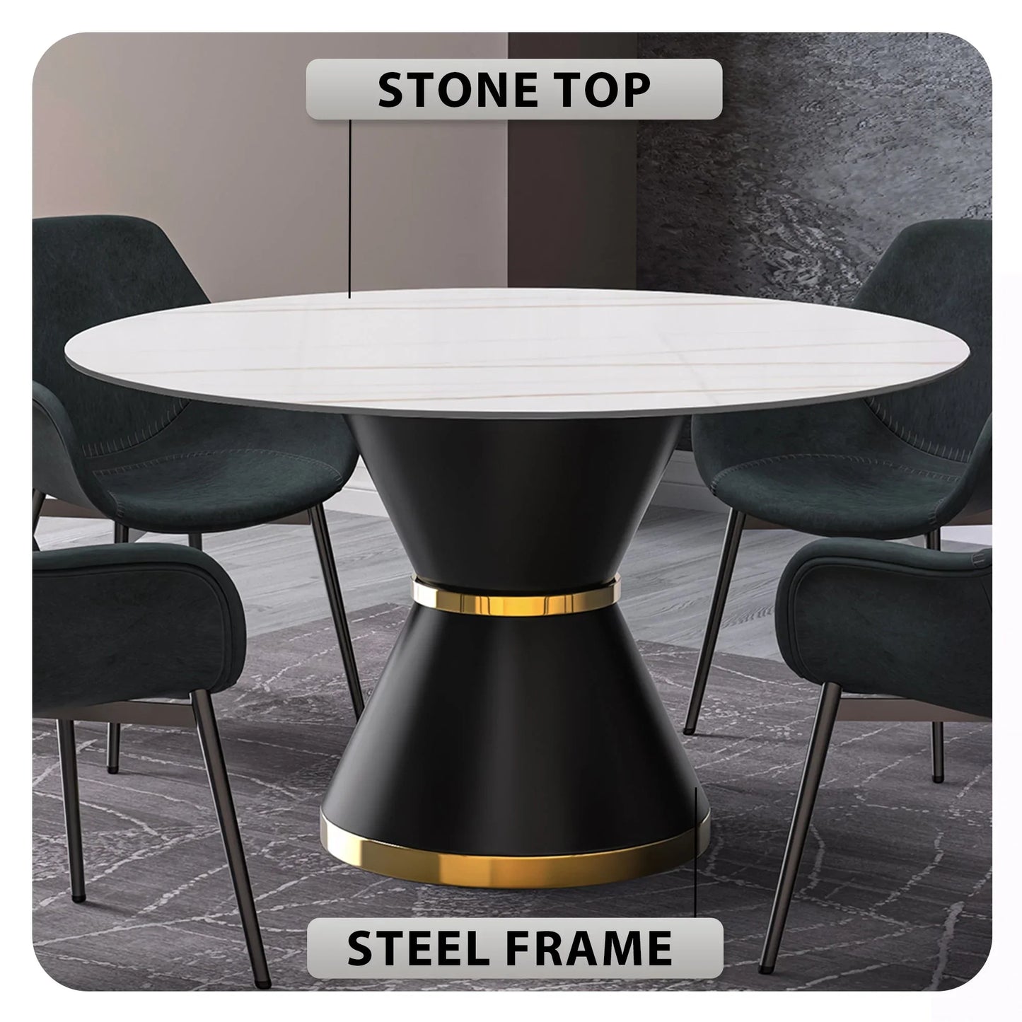Modern Round Dining Table with a Glass/Stone Tabletop in Stainless Steel Seats 6-10 Qorvus Collection - Elax Furniture