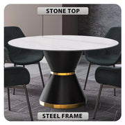 Modern Round Dining Table with a Glass/Stone Tabletop in Stainless Steel Seats 6-10 Qorvus Collection - Elax Furniture