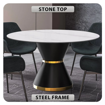 Modern Round Dining Table with a Glass/Stone Tabletop in Stainless Steel Seats 6-10 Qorvus Collection - Elax Furniture