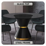 Modern Round Dining Table with a Glass/Stone Tabletop in Stainless Steel Seats 6-10 Qorvus Collection - Elax Furniture