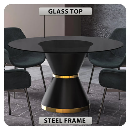 Modern Round Dining Table with a Glass/Stone Tabletop in Stainless Steel Seats 6-10 Qorvus Collection - Elax Furniture