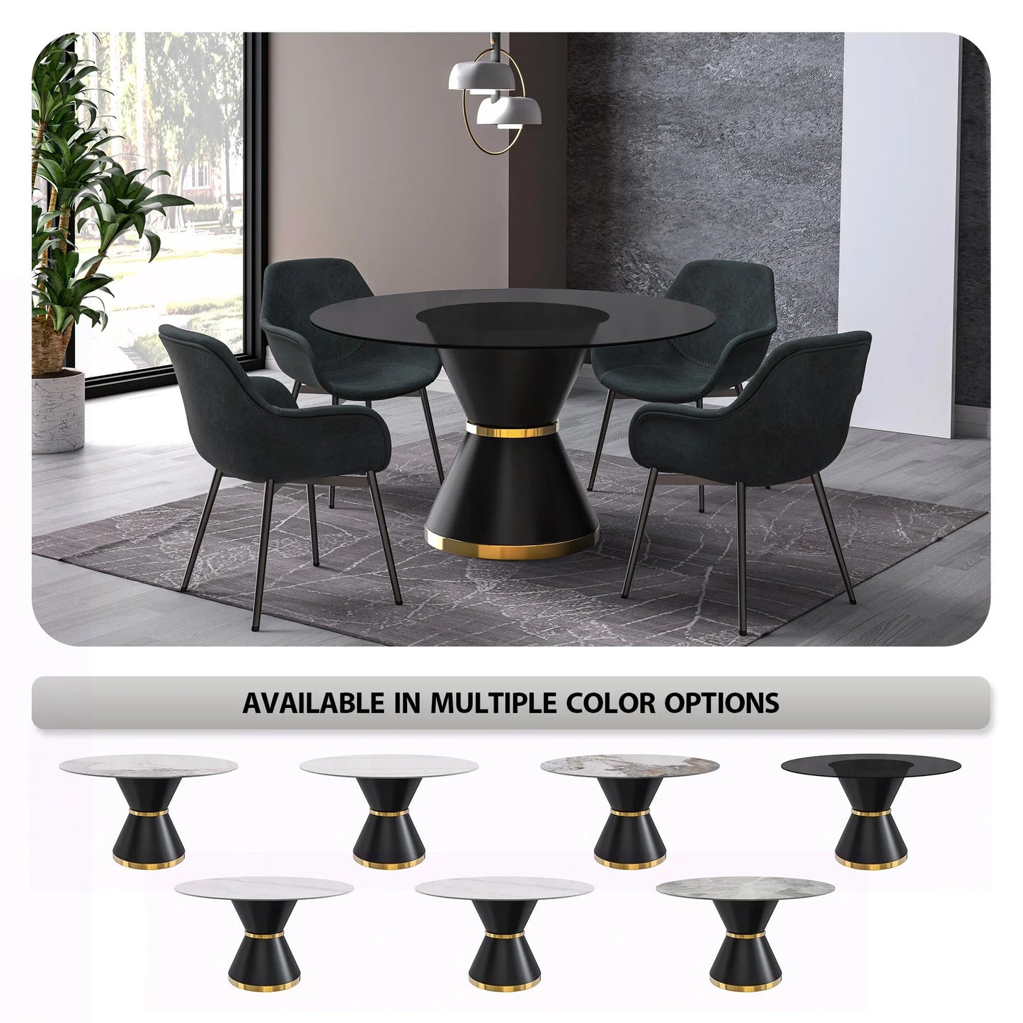 Modern Round Dining Table with a Glass/Stone Tabletop in Stainless Steel Seats 6-10 Qorvus Collection - Elax Furniture