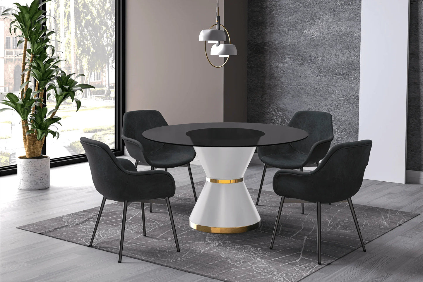 Modern Round Dining Table with a Glass/Stone Tabletop in Stainless Steel Seats 6-10 Qorvus Collection - Elax Furniture