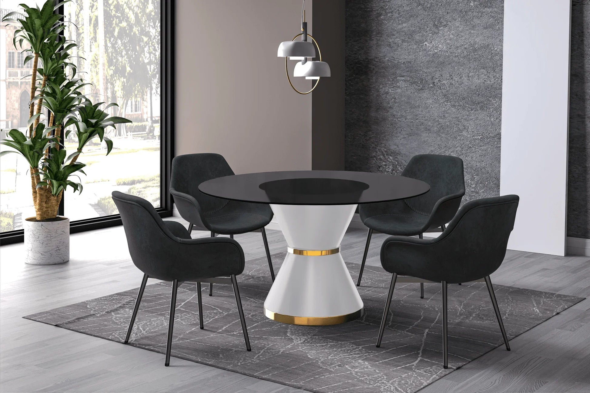 Modern Round Dining Table with a Glass/Stone Tabletop in Stainless Steel Seats 6-10 Qorvus Collection - Elax Furniture