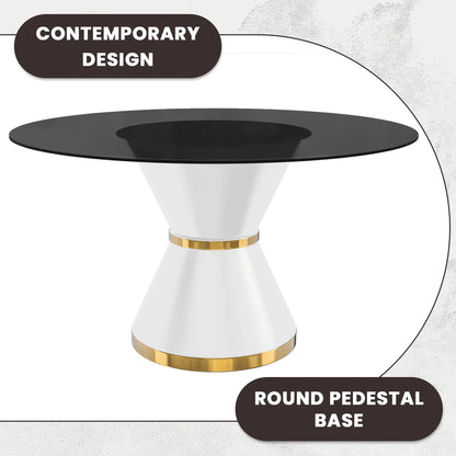 Modern Round Dining Table with a Glass/Stone Tabletop in Stainless Steel Seats 6-10 Qorvus Collection - Elax Furniture