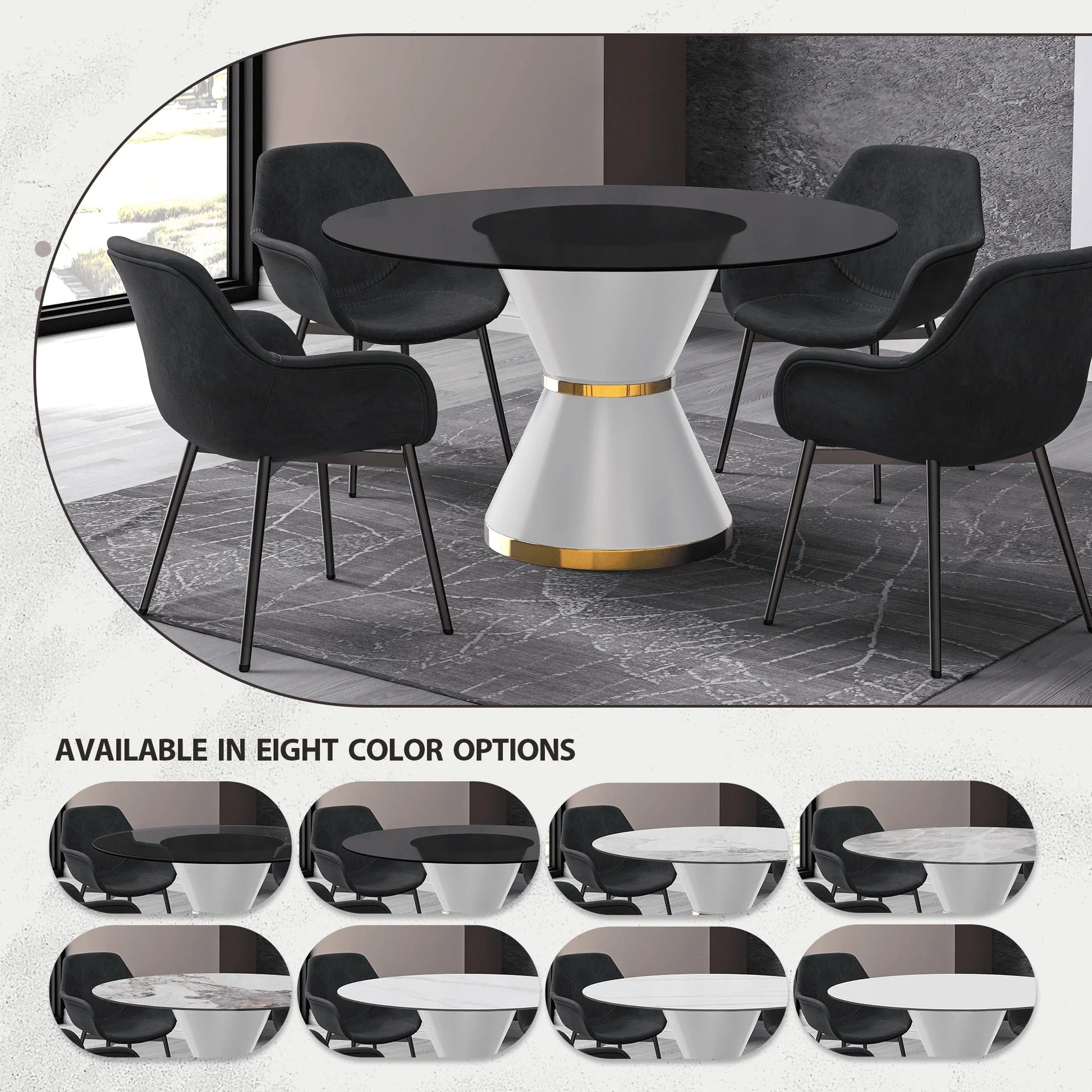 Modern Round Dining Table with a Glass/Stone Tabletop in Stainless Steel Seats 6-10 Qorvus Collection - Elax Furniture