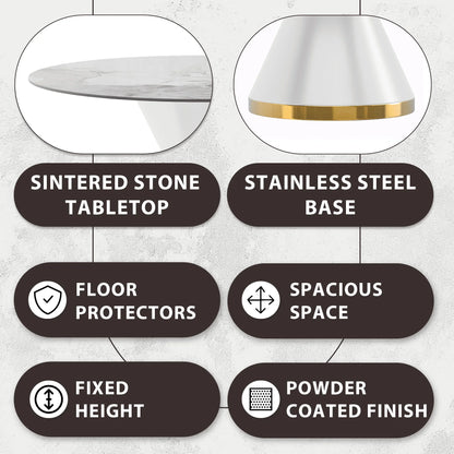 Modern Round Dining Table with a Glass/Stone Tabletop in Stainless Steel Seats 6-10 Qorvus Collection - Elax Furniture