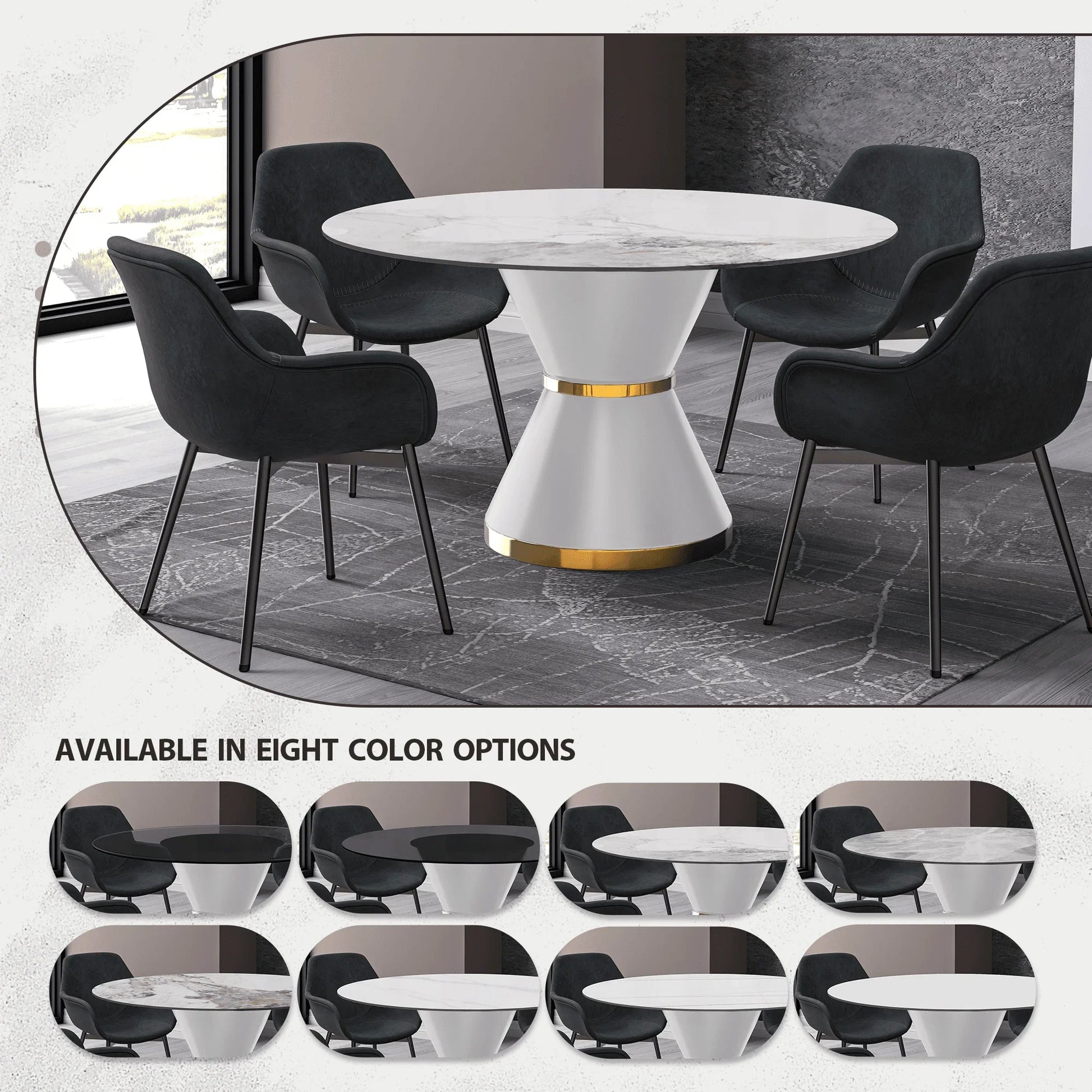 Modern Round Dining Table with a Glass/Stone Tabletop in Stainless Steel Seats 6-10 Qorvus Collection - Elax Furniture