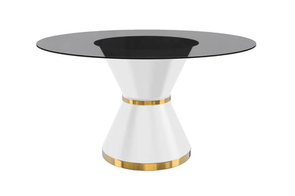 Modern Round Dining Table with a Glass/Stone Tabletop in Stainless Steel Seats 6-10 Qorvus Collection - Elax Furniture