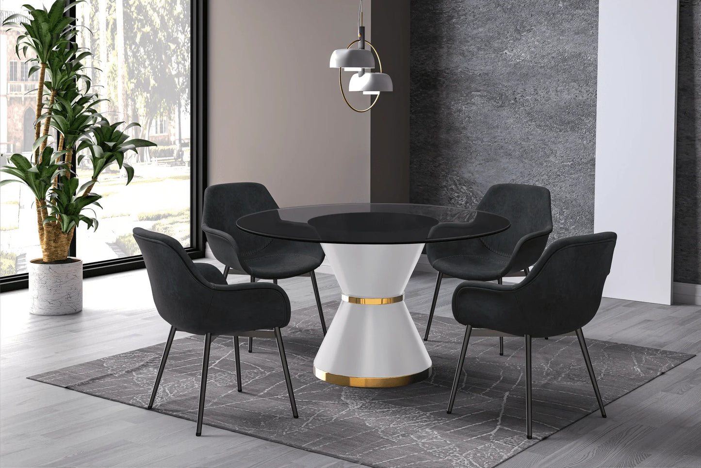 Modern Round Dining Table with a Glass/Stone Tabletop in Stainless Steel Seats 6-10 Qorvus Collection - Elax Furniture