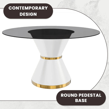Modern Round Dining Table with a Glass/Stone Tabletop in Stainless Steel Seats 6-10 Qorvus Collection - Elax Furniture