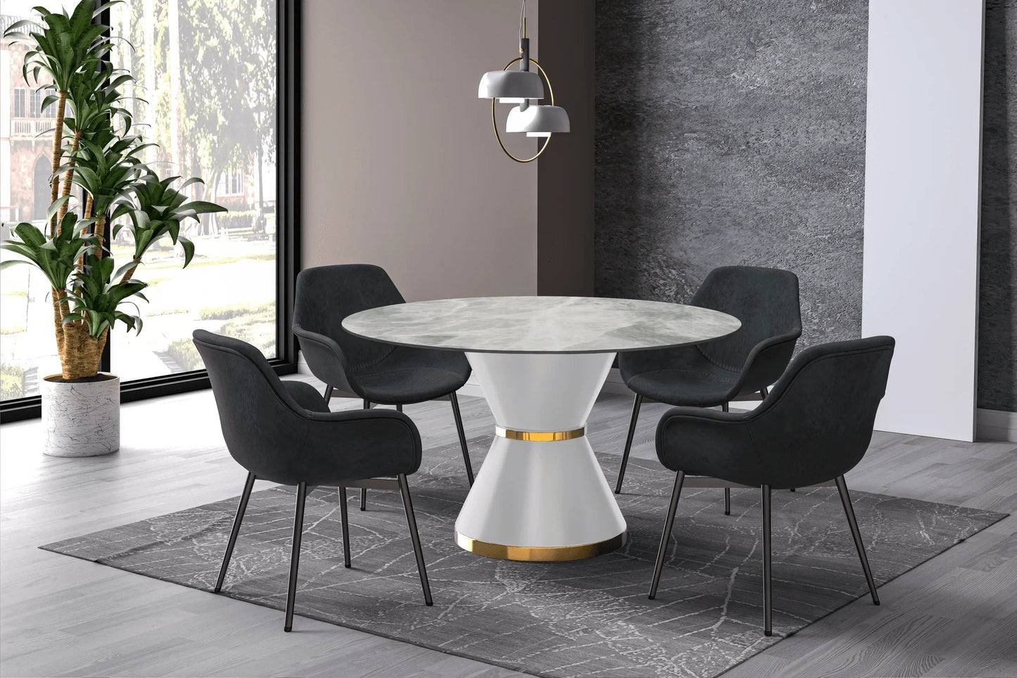 Modern Round Dining Table with a Glass/Stone Tabletop in Stainless Steel Seats 6-10 Qorvus Collection - Elax Furniture