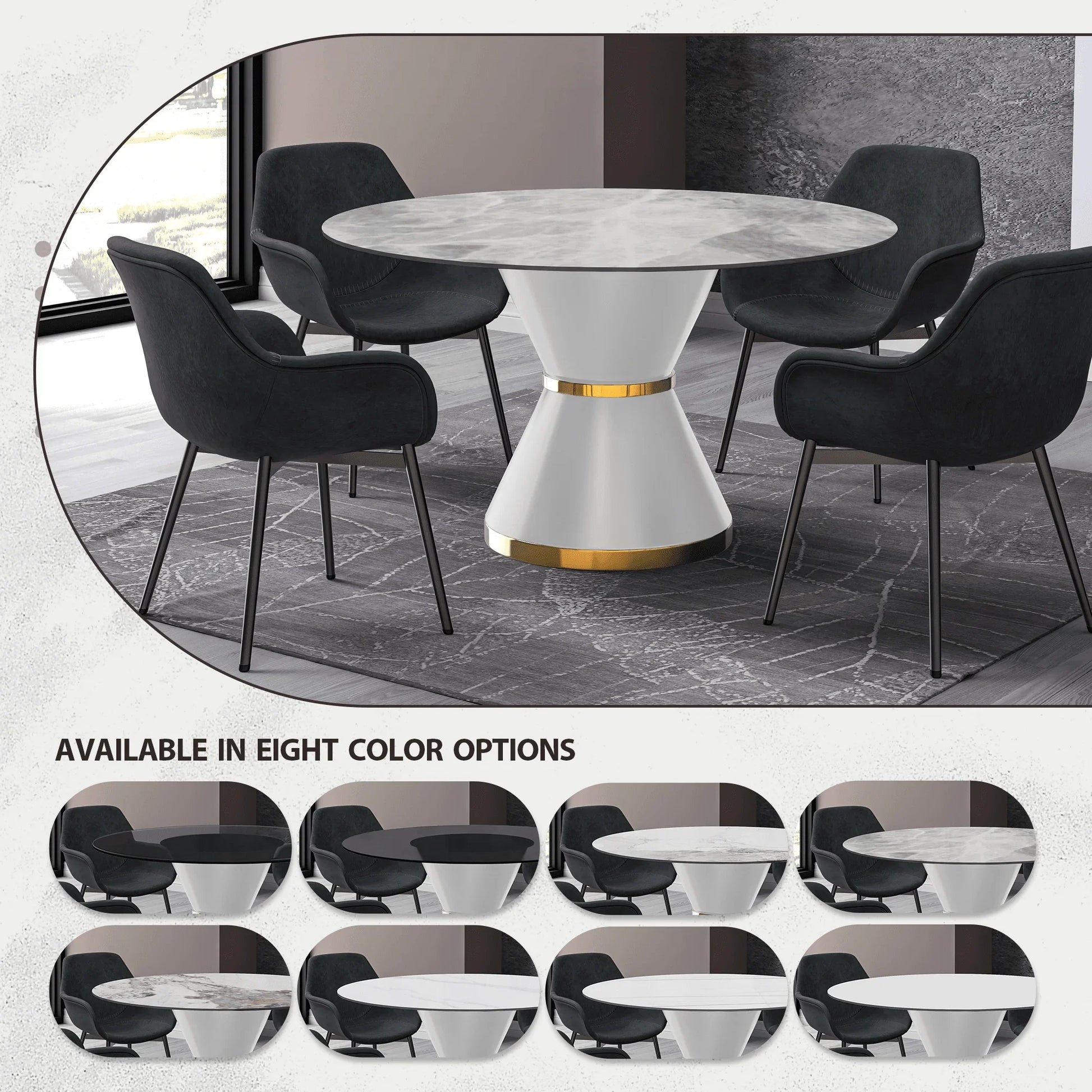 Modern Round Dining Table with a Glass/Stone Tabletop in Stainless Steel Seats 6-10 Qorvus Collection - Elax Furniture