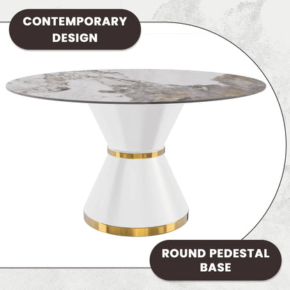 Modern Round Dining Table with a Glass/Stone Tabletop in Stainless Steel Seats 6-10 Qorvus Collection - Elax Furniture