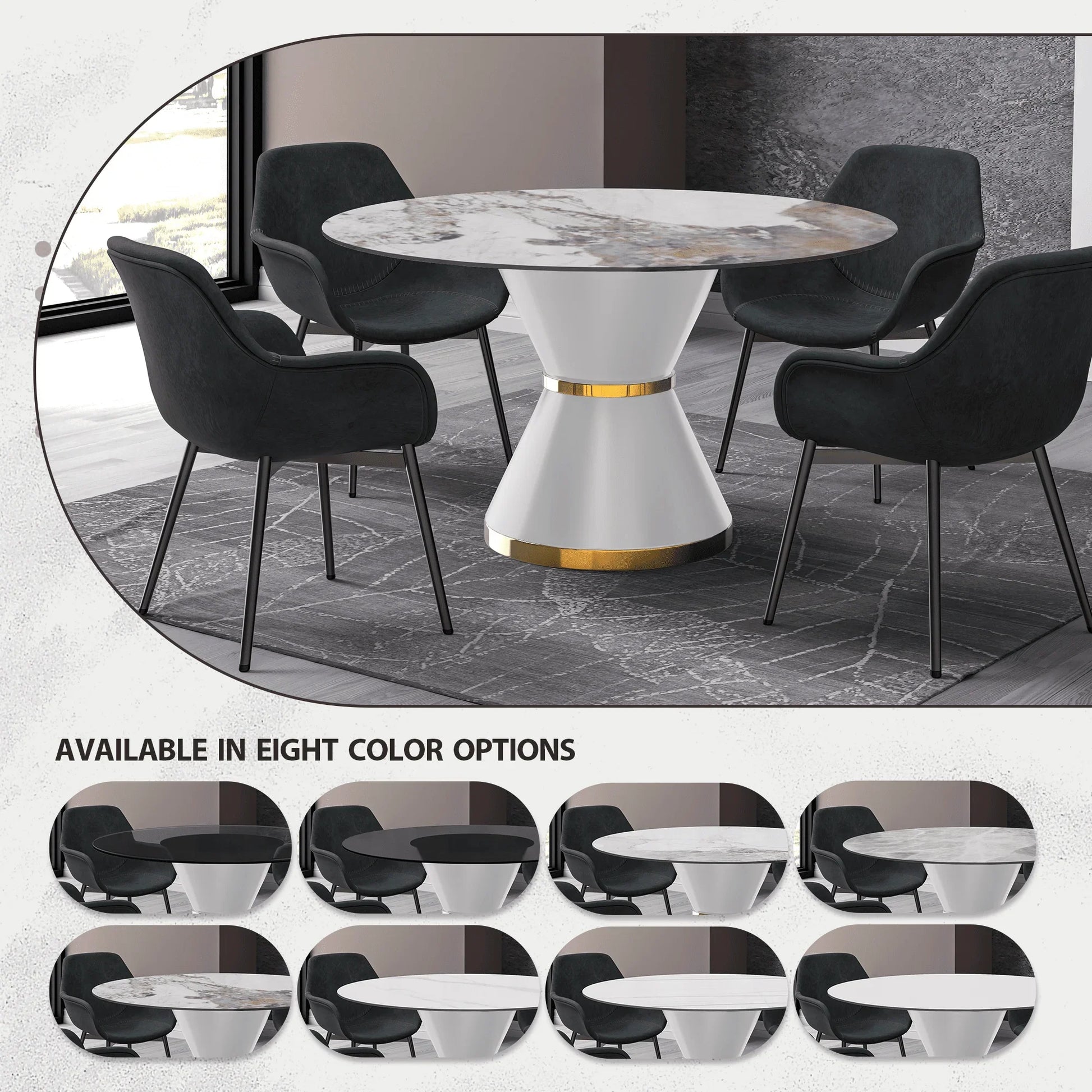 Modern Round Dining Table with a Glass/Stone Tabletop in Stainless Steel Seats 6-10 Qorvus Collection - Elax Furniture