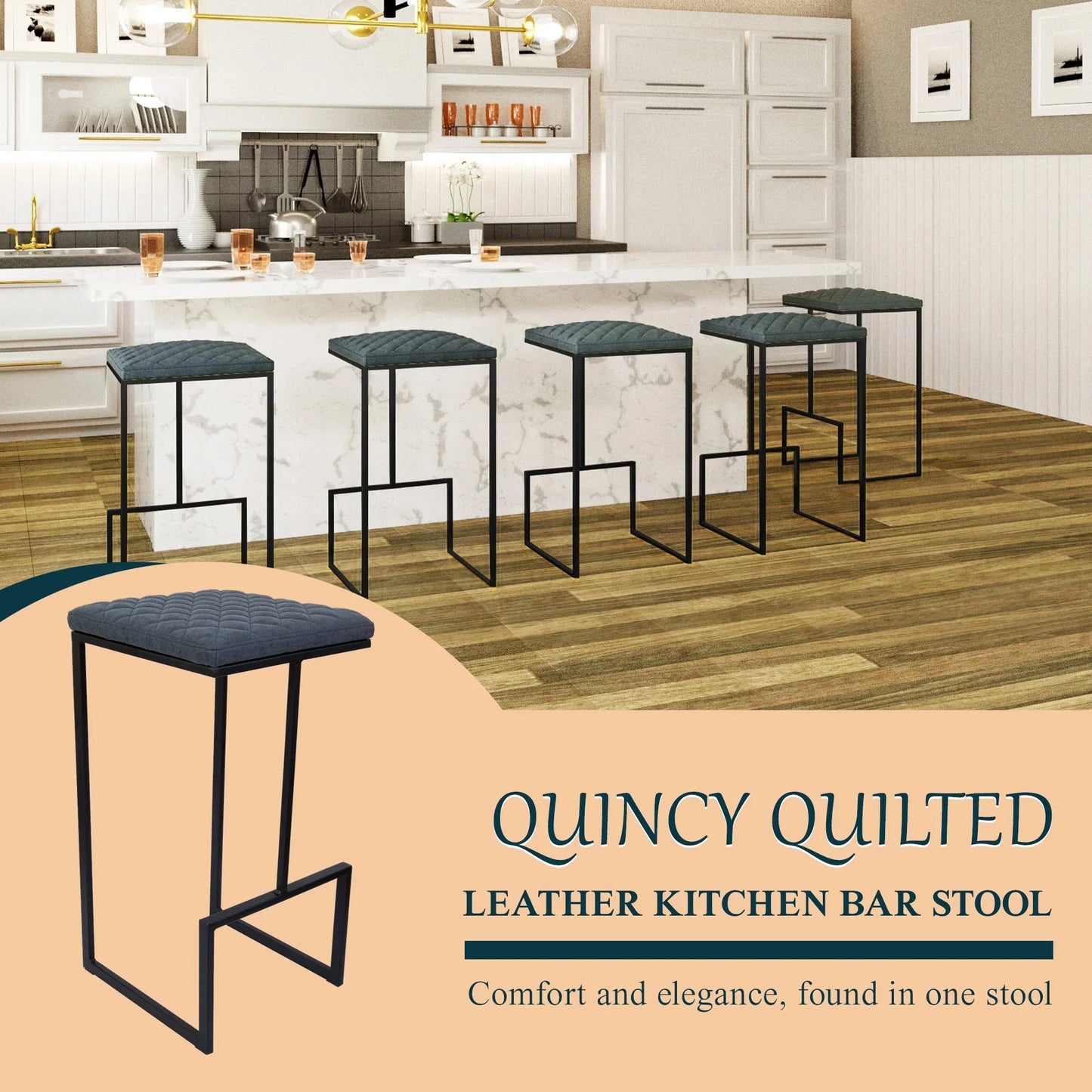 Quincy Quilted Stitched Leather Bar Stools With Metal Frame - Elax Furniture