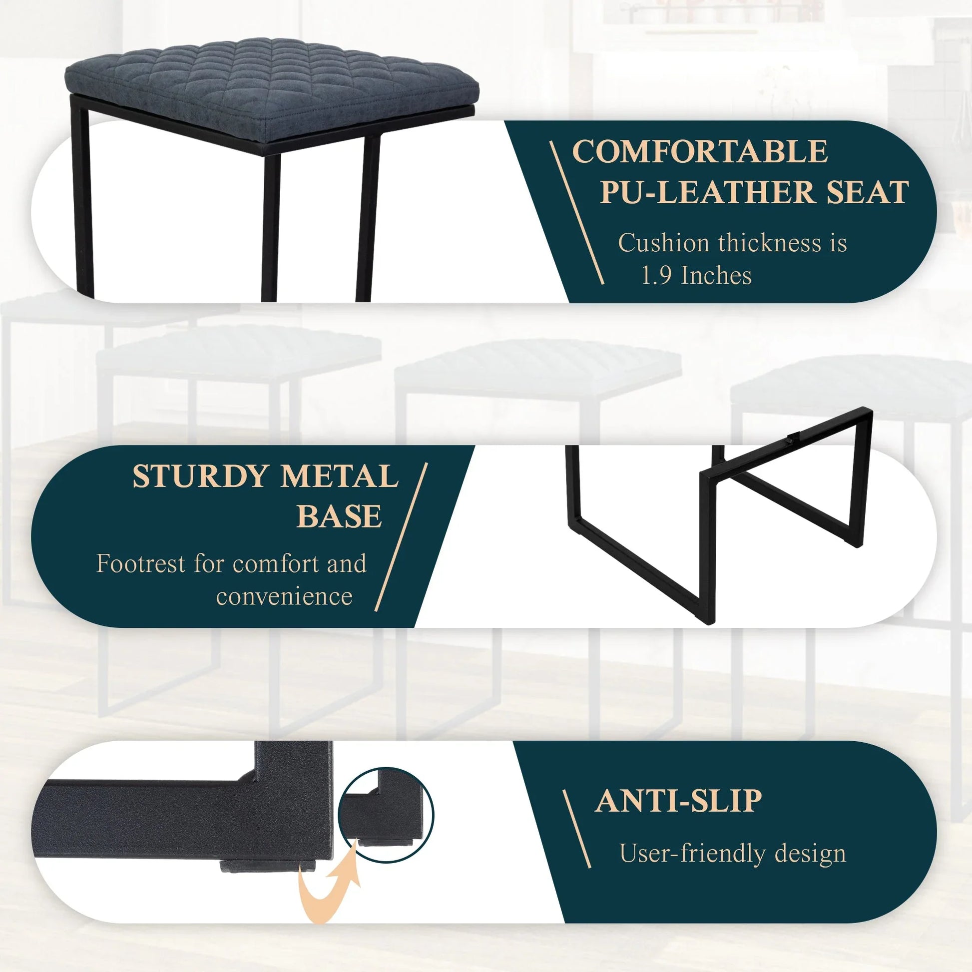 Quincy Quilted Stitched Leather Bar Stools With Metal Frame - Elax Furniture