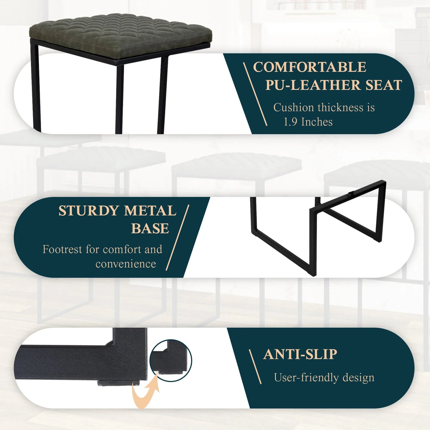 Quincy Quilted Stitched Leather Bar Stools With Metal Frame - Elax Furniture