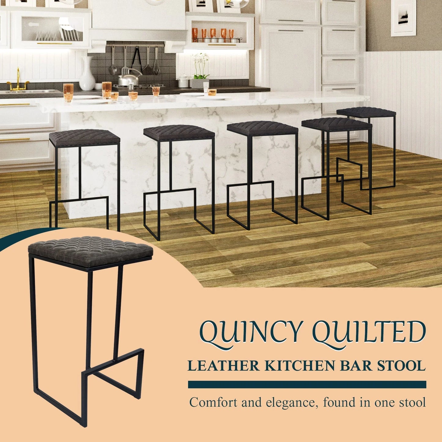 Quincy Quilted Stitched Leather Bar Stools With Metal Frame - Elax Furniture