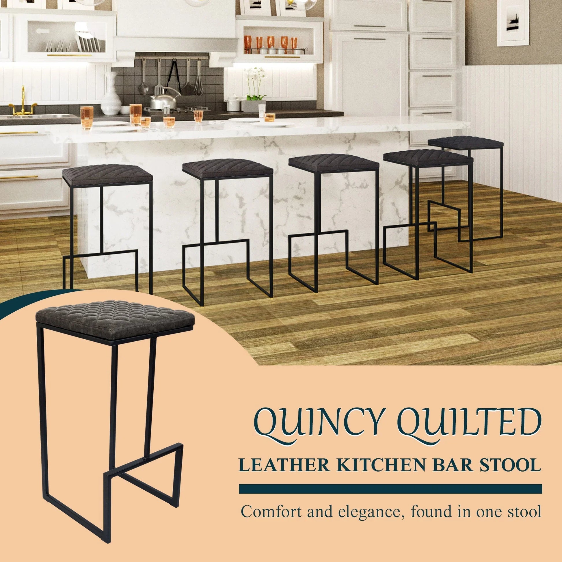Quincy Quilted Stitched Leather Bar Stools With Metal Frame - Elax Furniture