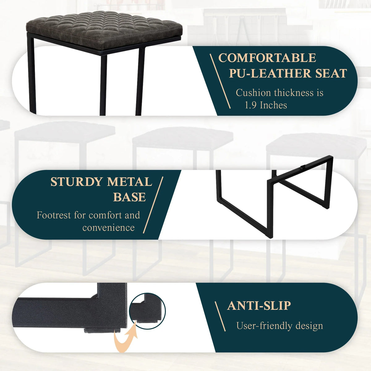 Quincy Quilted Stitched Leather Bar Stools With Metal Frame - Elax Furniture