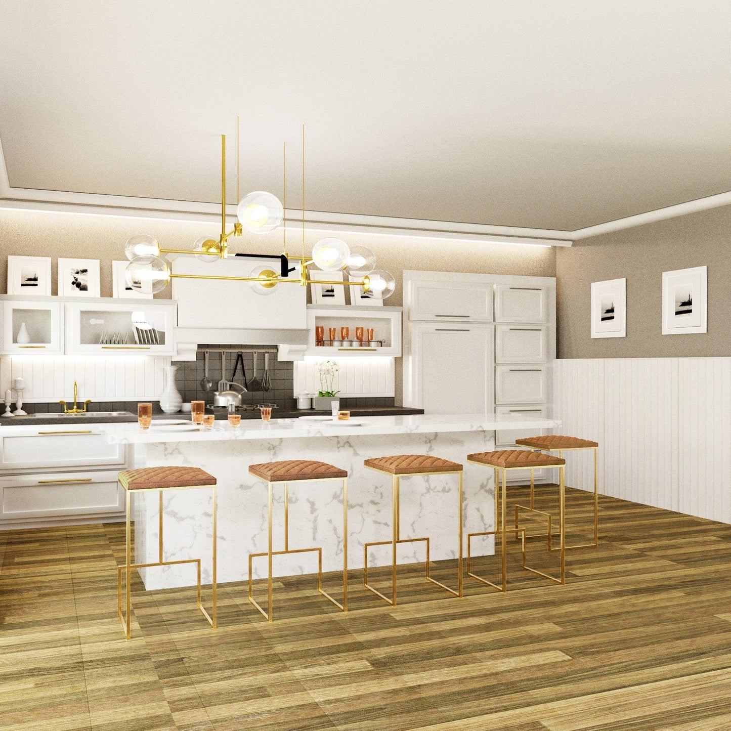 Quincy Quilted Stitched Leather Bar Stools With Gold Metal Frame - Elax Furniture